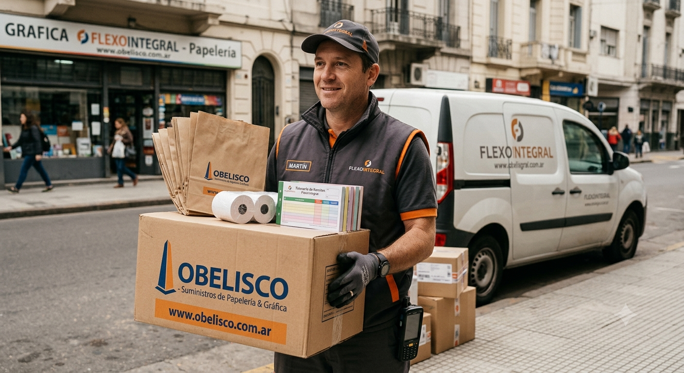 Repartidor de Flexointegral con caja Obelisco y productos: bolsas de papel, bobinas y talonarios
